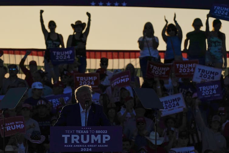 A man with fluffy grey-blond hair is seen in silhouette as people cheer behind him.