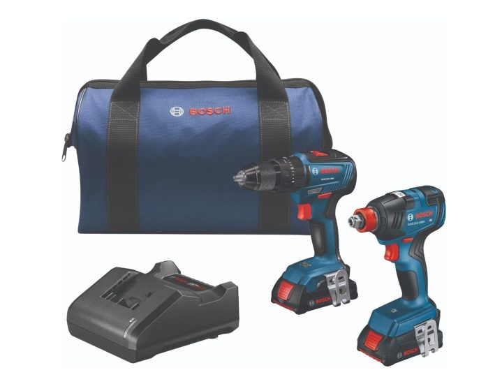 Contents of Bosch's 18V 2-tool combo kit.