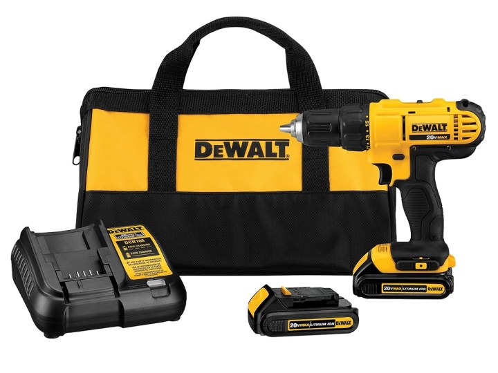 The DeWalt 20V Max cordless drill kit with bag and accessories.