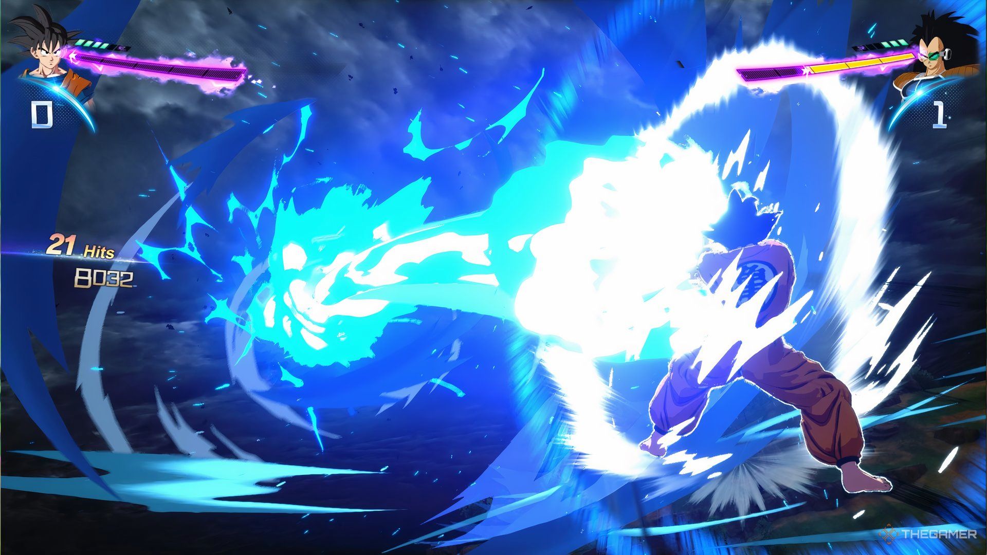 Goku using Super Kamehameha on Raditz in Dragon Ball: Sparking Zero.