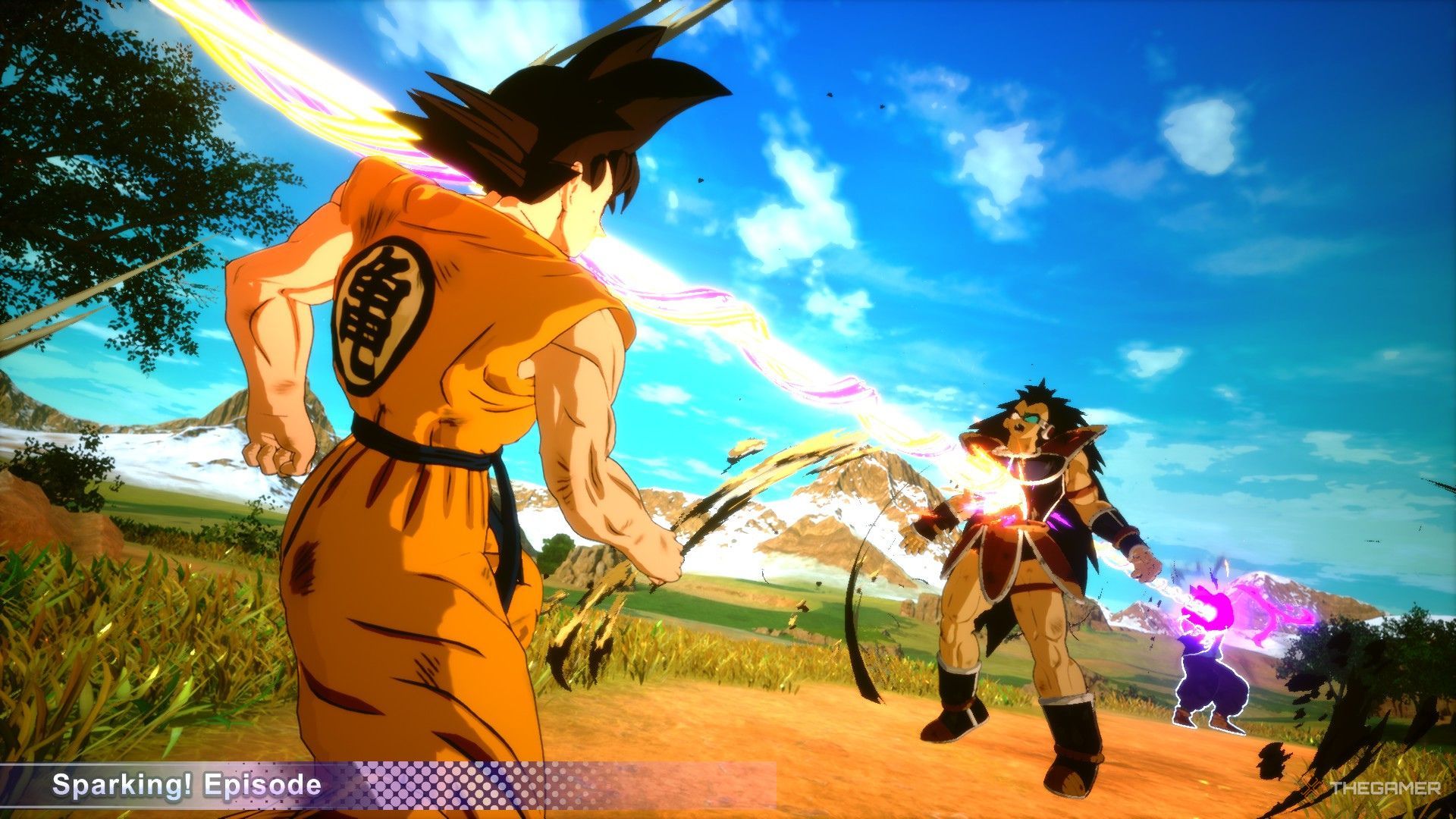 Goku narrowly dodging Piccolo's Special Beam Cannon in Dragon Ball: Sparking Zero.