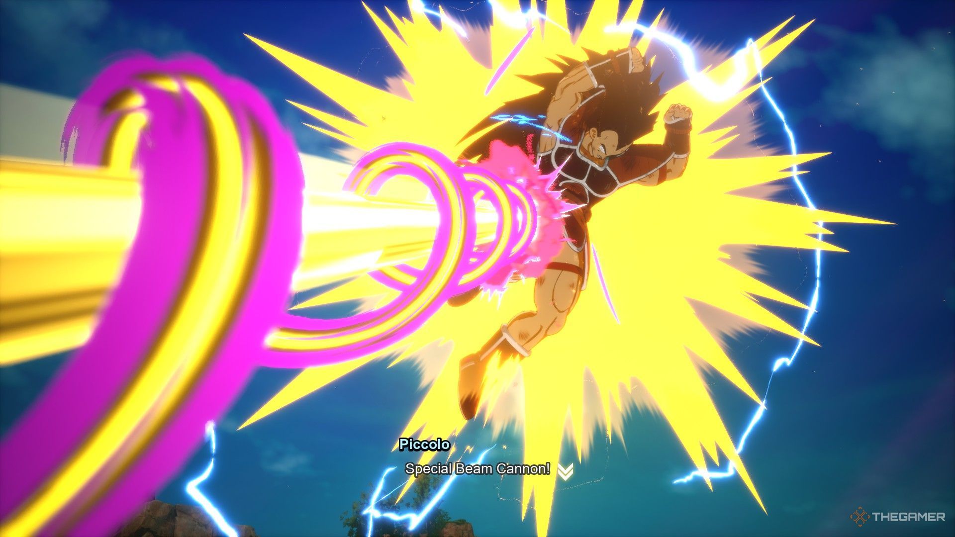 Raditz hit by the Special Beam Cannon in Dragon Ball: Sparking Zero.