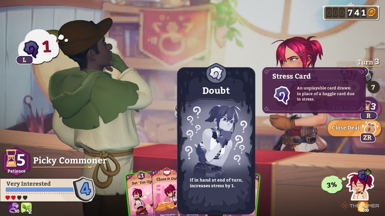 Stress card activated during a deal in Potionomics.