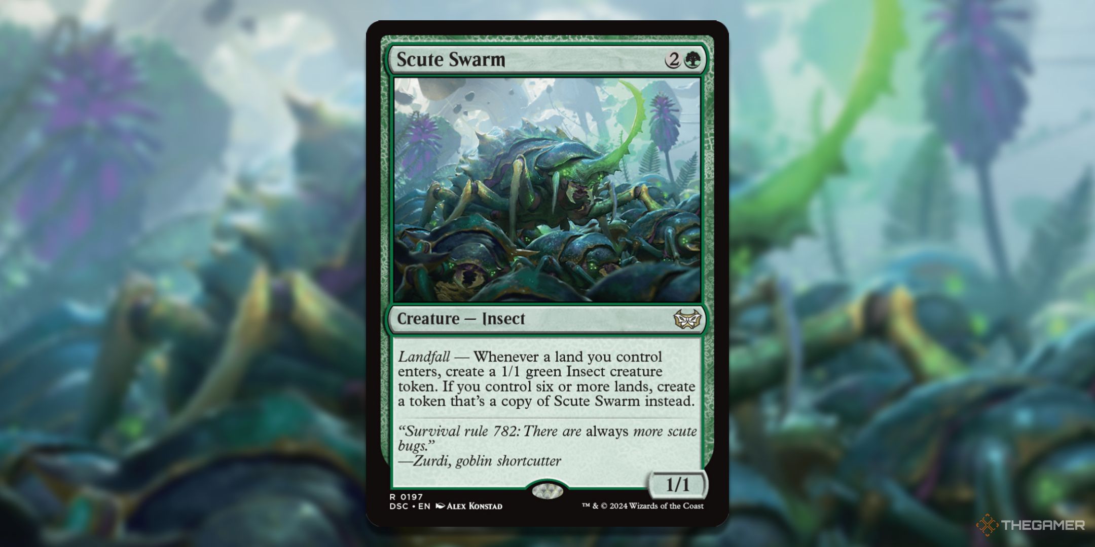 MTG Scute Swarm card with the art in the background.