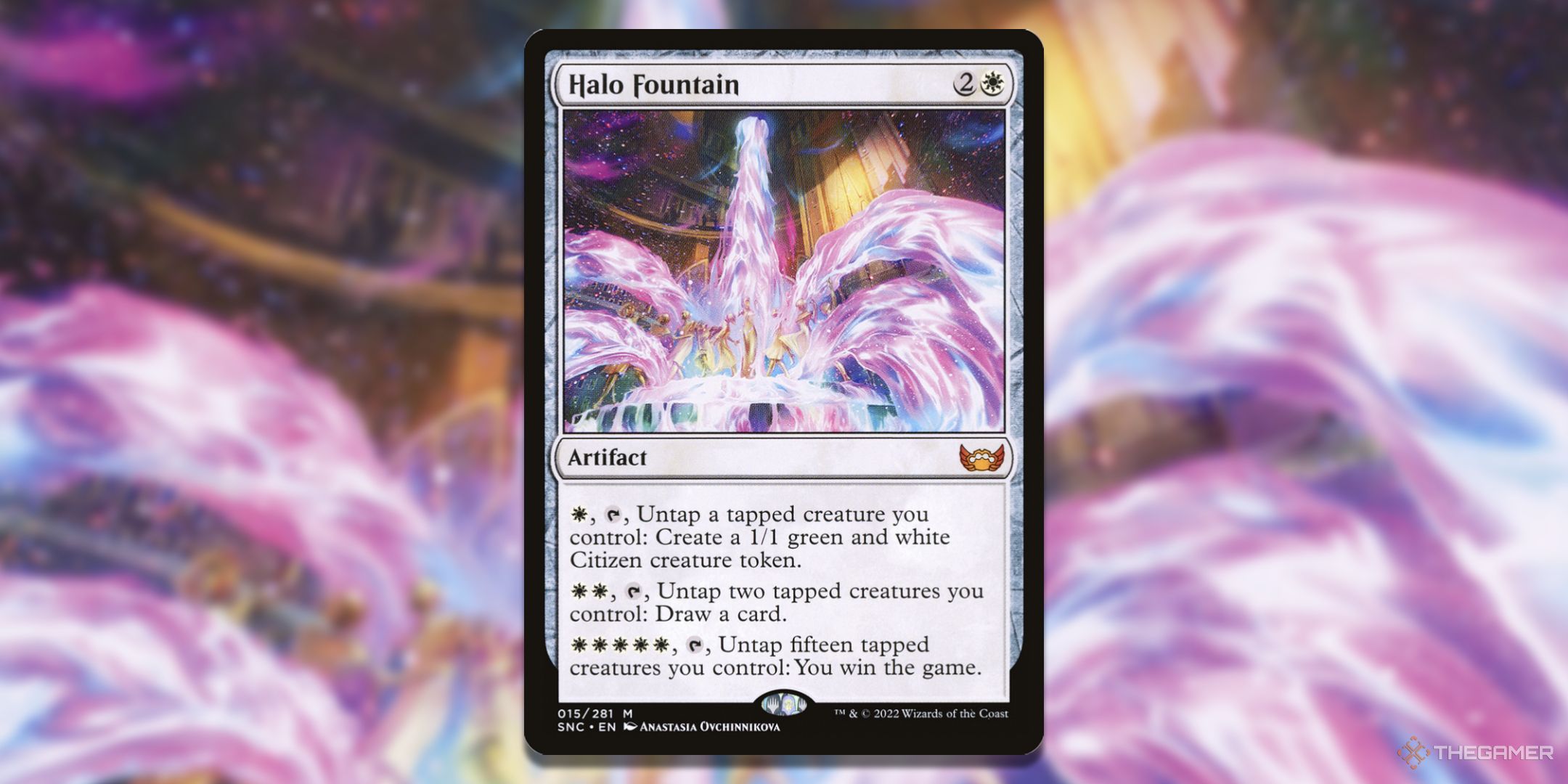 MTG Halo Fountain card with the art in the background.