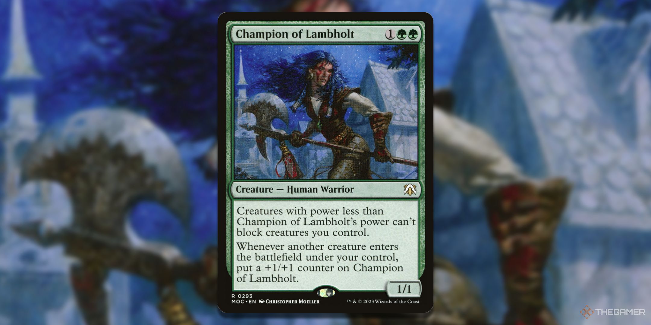 MTG Champion of Lambholt card with the art in the background.