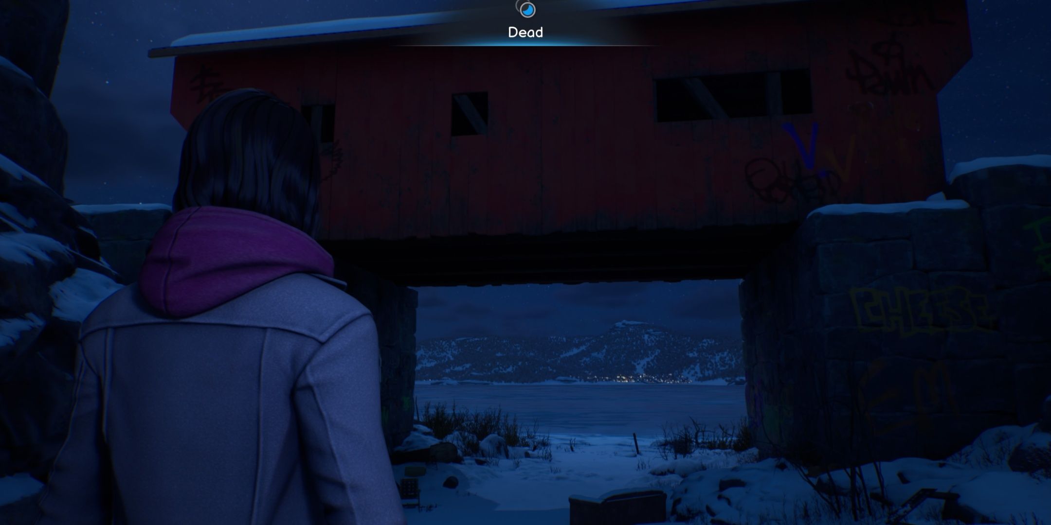 Max looking at a covered bridge in the Dead World in Life is Strange Double Exposure