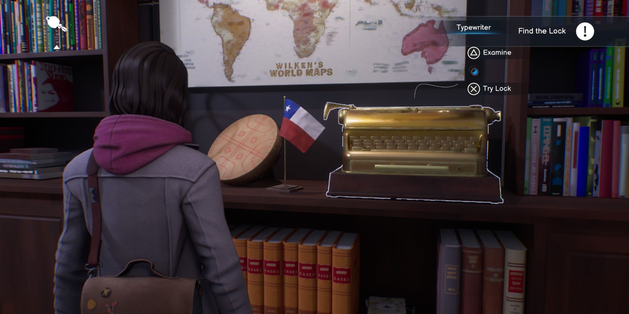 Max looking at Lucas' golden typewriter in Life is Strange Double Exposure.