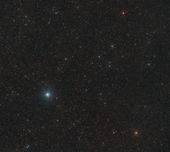 A wide-field image showing Barnard's Star and its surroundings in the constellation Ophiuchus. This image was created from data from the Digitized Sky Survey 2, displaying the star's notable movement across the sky.