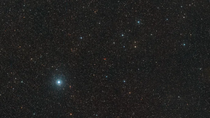 A wide-field image showing Barnard's Star and its surroundings in the constellation Ophiuchus. This image was created from data from the Digitized Sky Survey 2, displaying the star's notable movement across the sky.