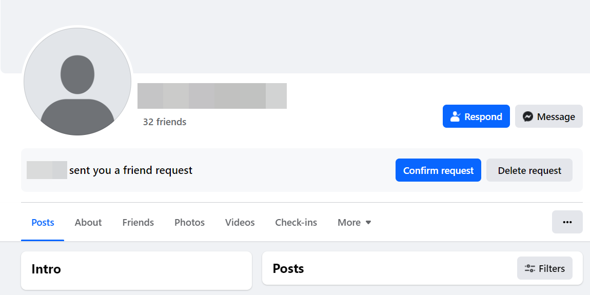 A friend request from a blank-profile account on Facebook.