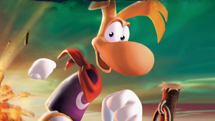 Artwork featuring Rayman from Ubisoft, depicted in a purple shirt and red bandana, running towards the camera.