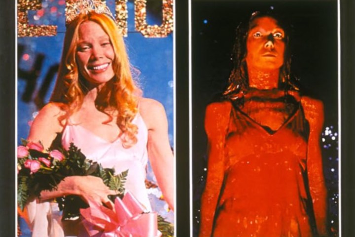 A girl holds up flowers on the left, and a girl stands covered in blood on the right.