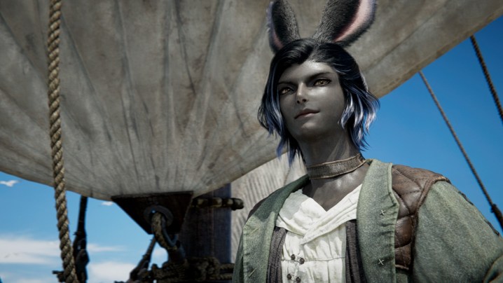 A Final Fantasy 14 character with bunny ears and gray skin standing on a ship.