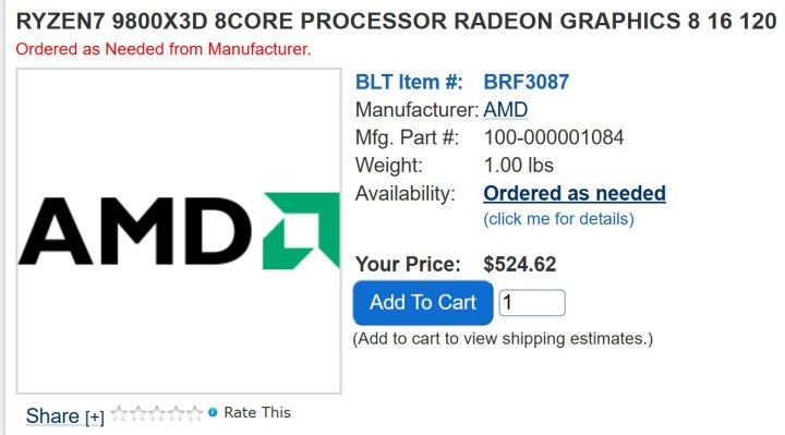 The AMD Ryzen 7 9800X3D listed at an etailer.