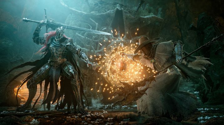 A cleric battles a boss in Lords of the Fallen.