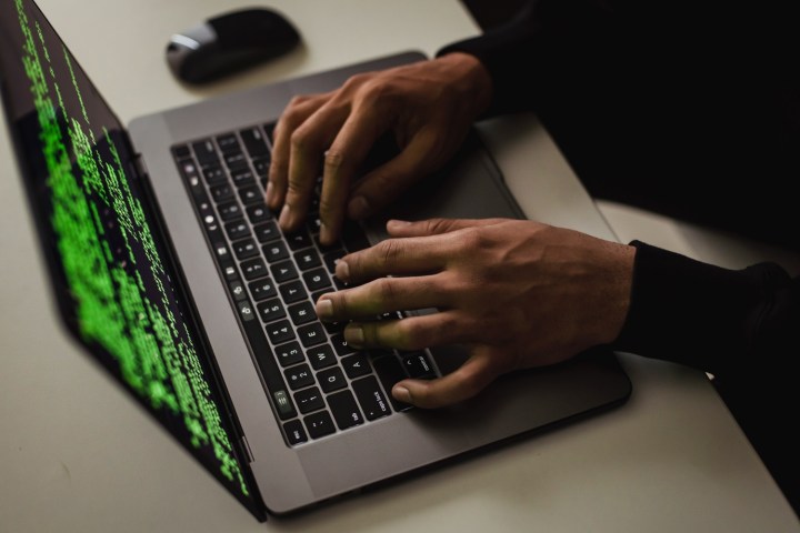 A person using a laptop, displaying a set of code.