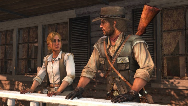 John Marston interacting with a woman while holding a rifle.