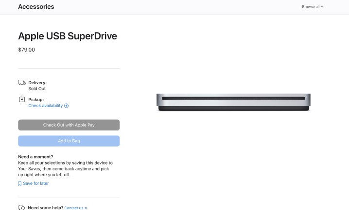 Screenshot of the sold-out Apple SuperDrive.