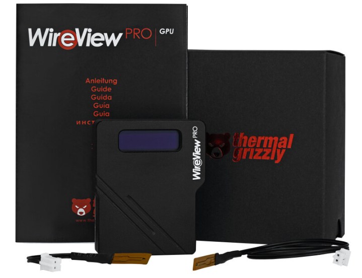 The Thermal Grizzly WireView Pro GPU power monitoring accessory alongside its packaging.