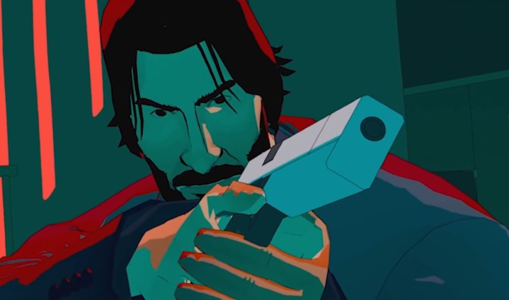 John Wick aiming a blocky gun at the viewer, surrounded by green light.