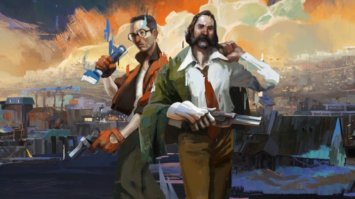 Harry and Kim from Disco Elysium standing against a bright sky.