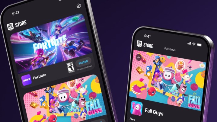 The Epic Games Store app displayed on two smartphones, showcasing Fortnite and Fall Guys for download.