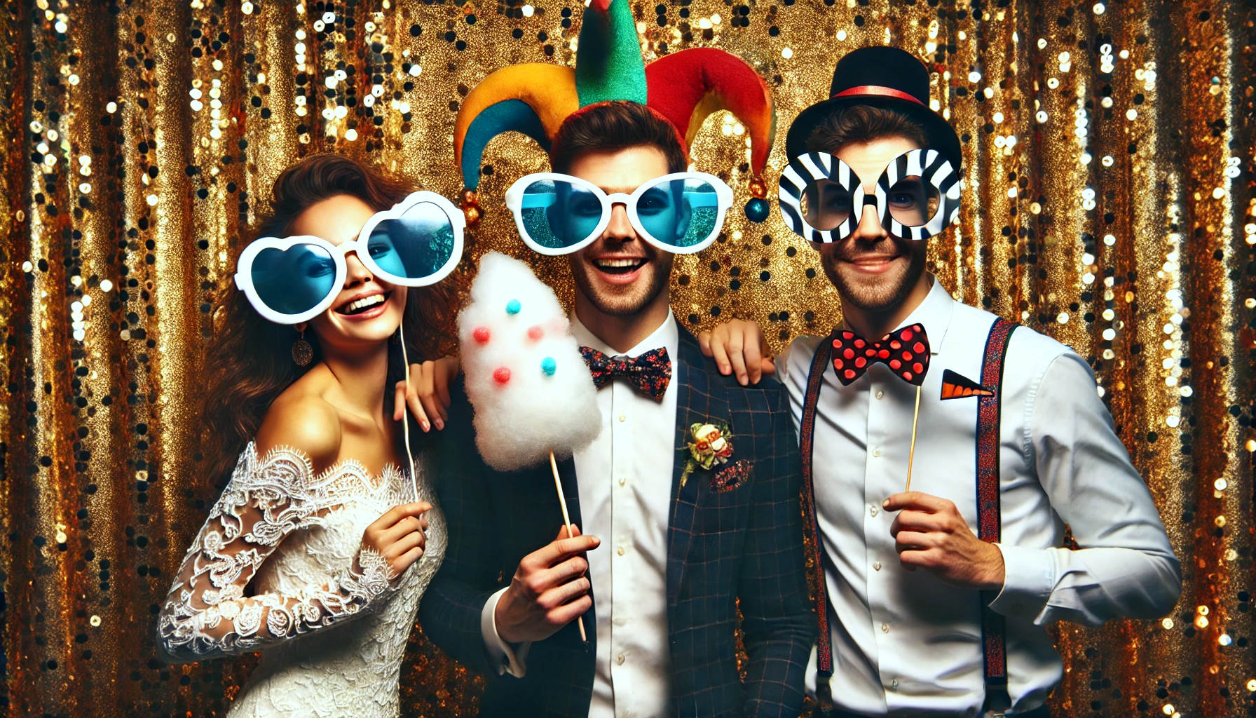 Young people in a photo booth at a wedding with funny glasses and props