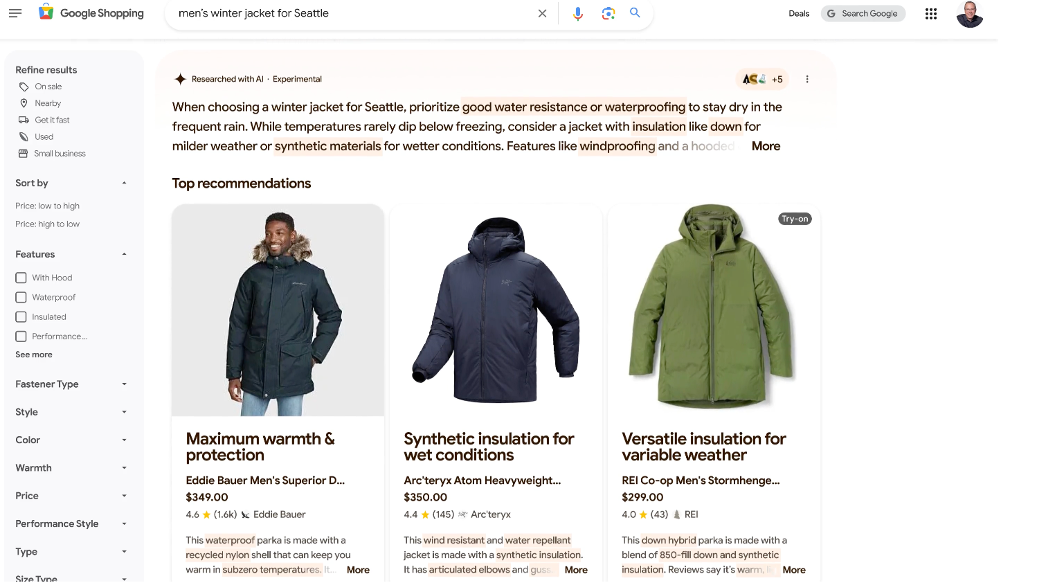 A Gemini-generated summary at the top of search results on Google Shopping highlighting buying advice for jackets suitable for Seattle's weather