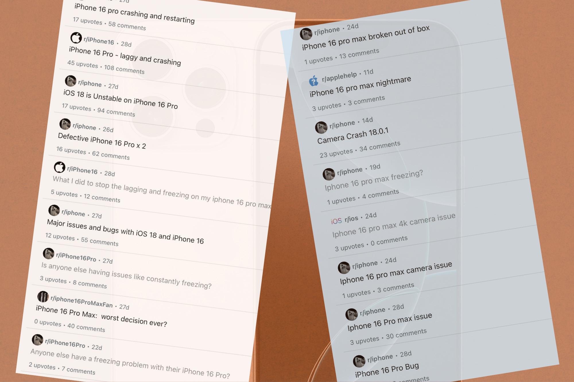 List of complaints regarding iPhone 16 Pro issues on Reddit