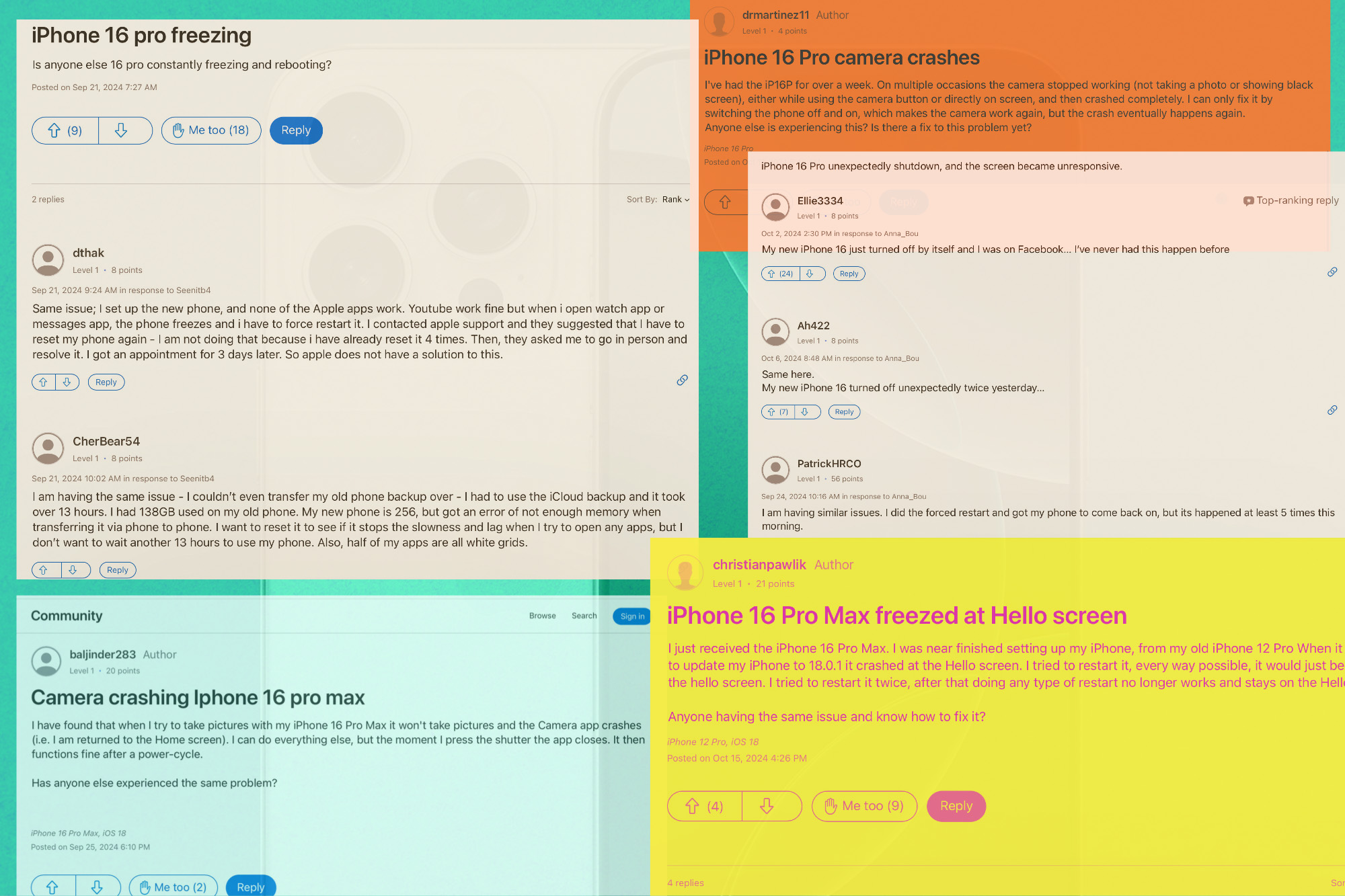 Complaints about iPhone 16 Pro issues on the Apple Community forum.