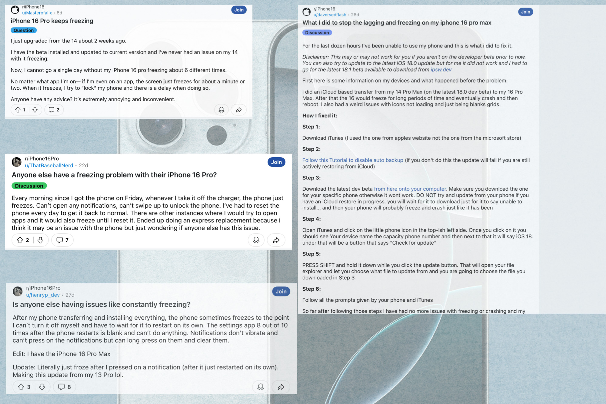Complaints about iPhone 16 Pro issues shared on Reddit.