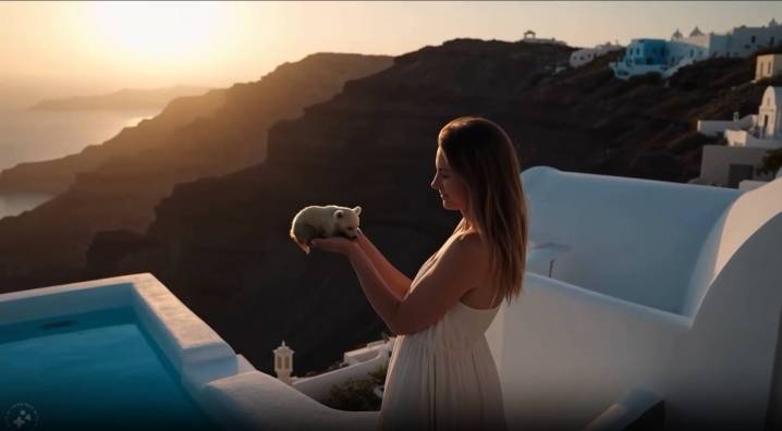 A woman holding a miniature bear while standing on a deck with an ocean backdrop.