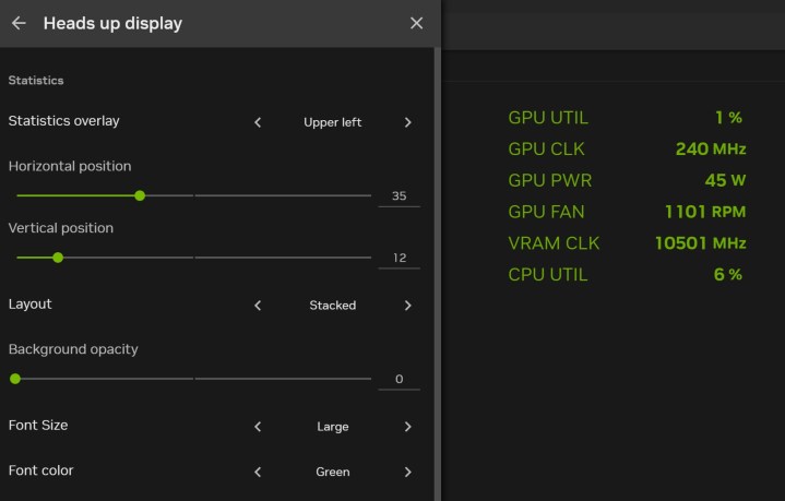 Overlay options in the Nvidia app.