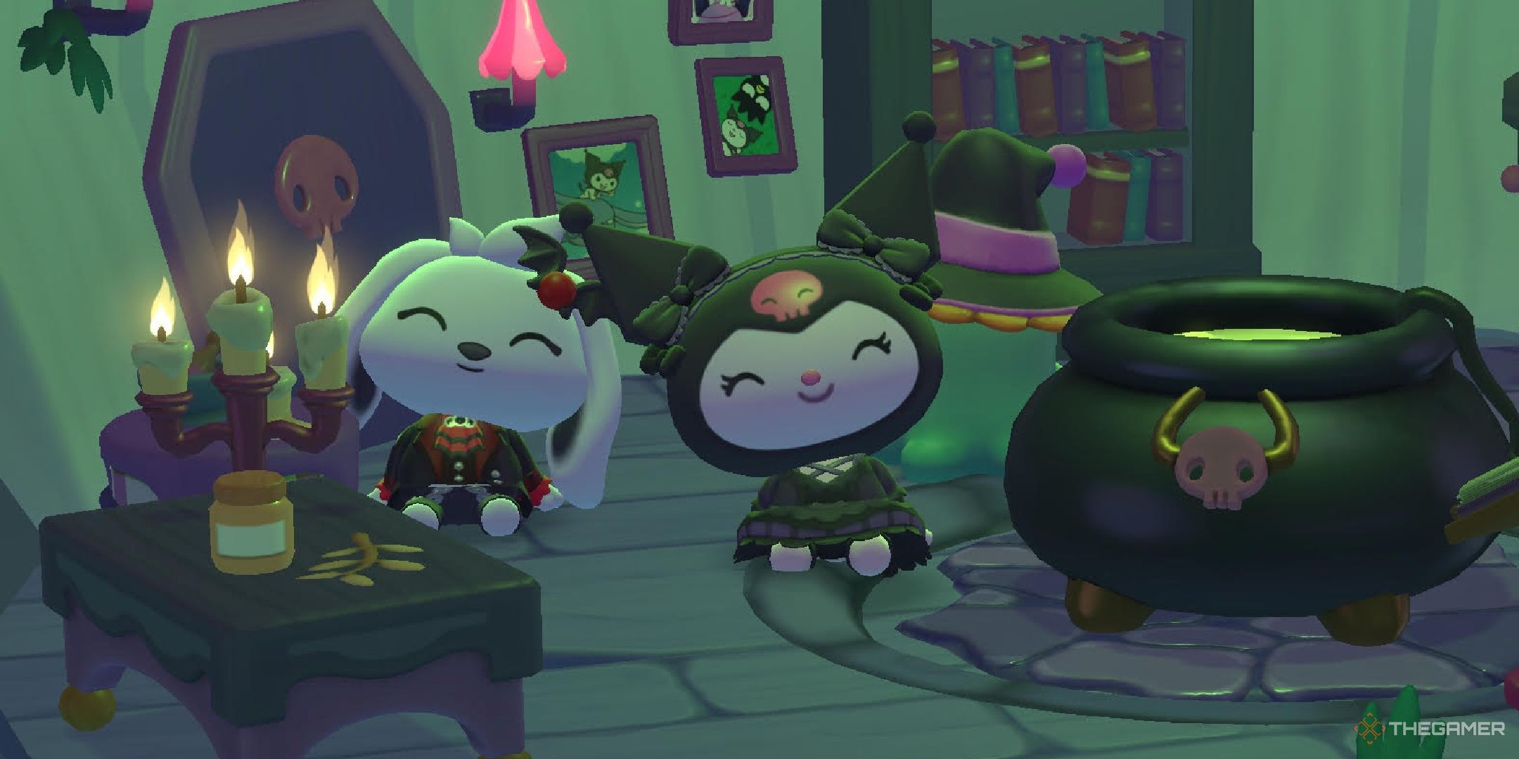 A player sitting next to Kuromi in the potion-making house in Hello Kitty Island Adventure