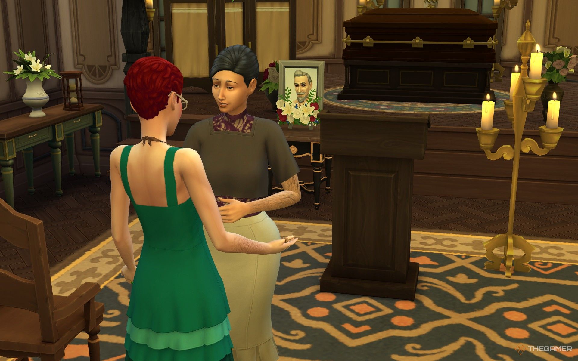 A funeral director consoling a mourner in The Sims 4 Life and Death.