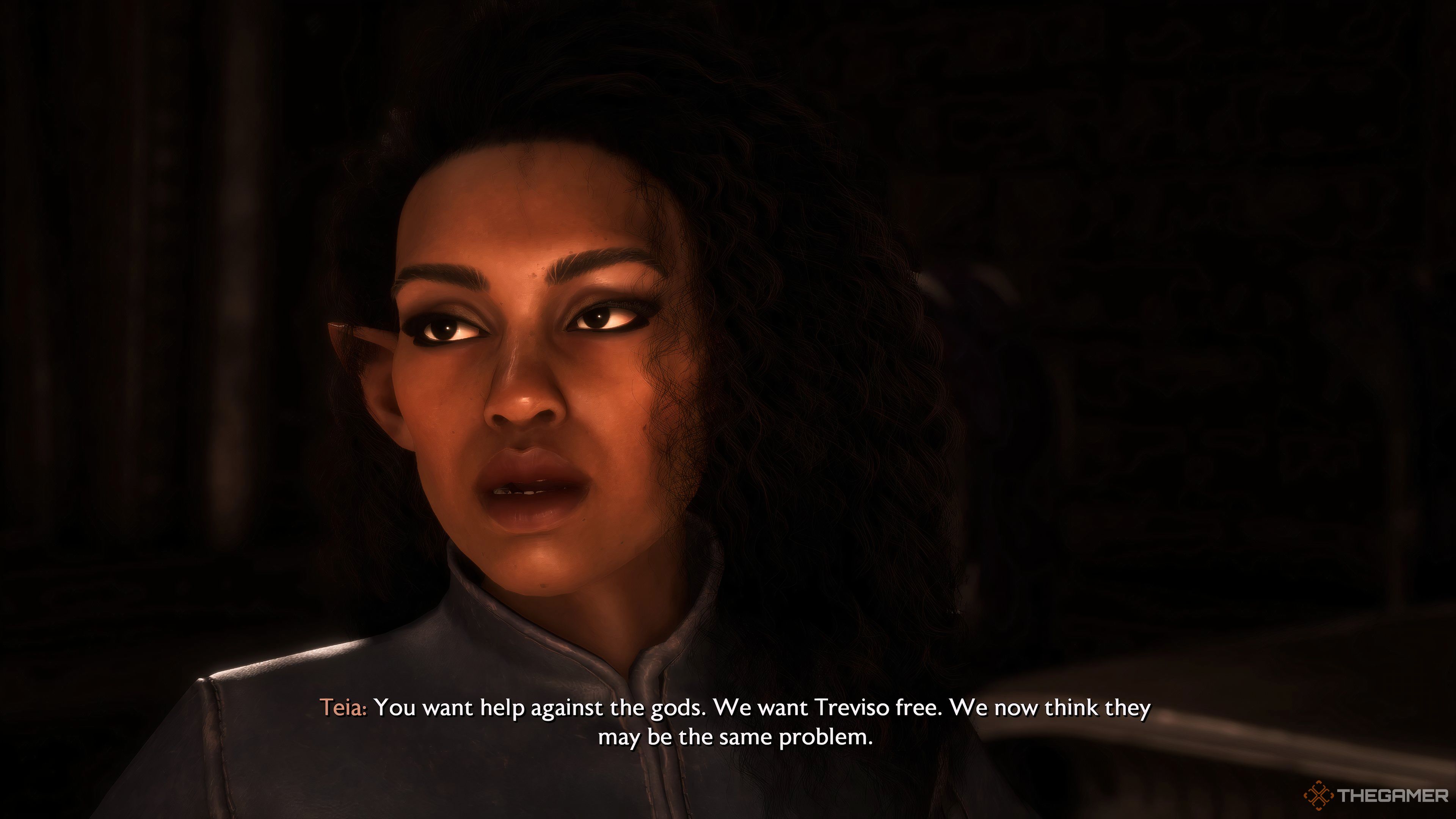 Teia asking player Rook for help to free Treviso in exchange for assistance in Dragon Age: The Veilguard.