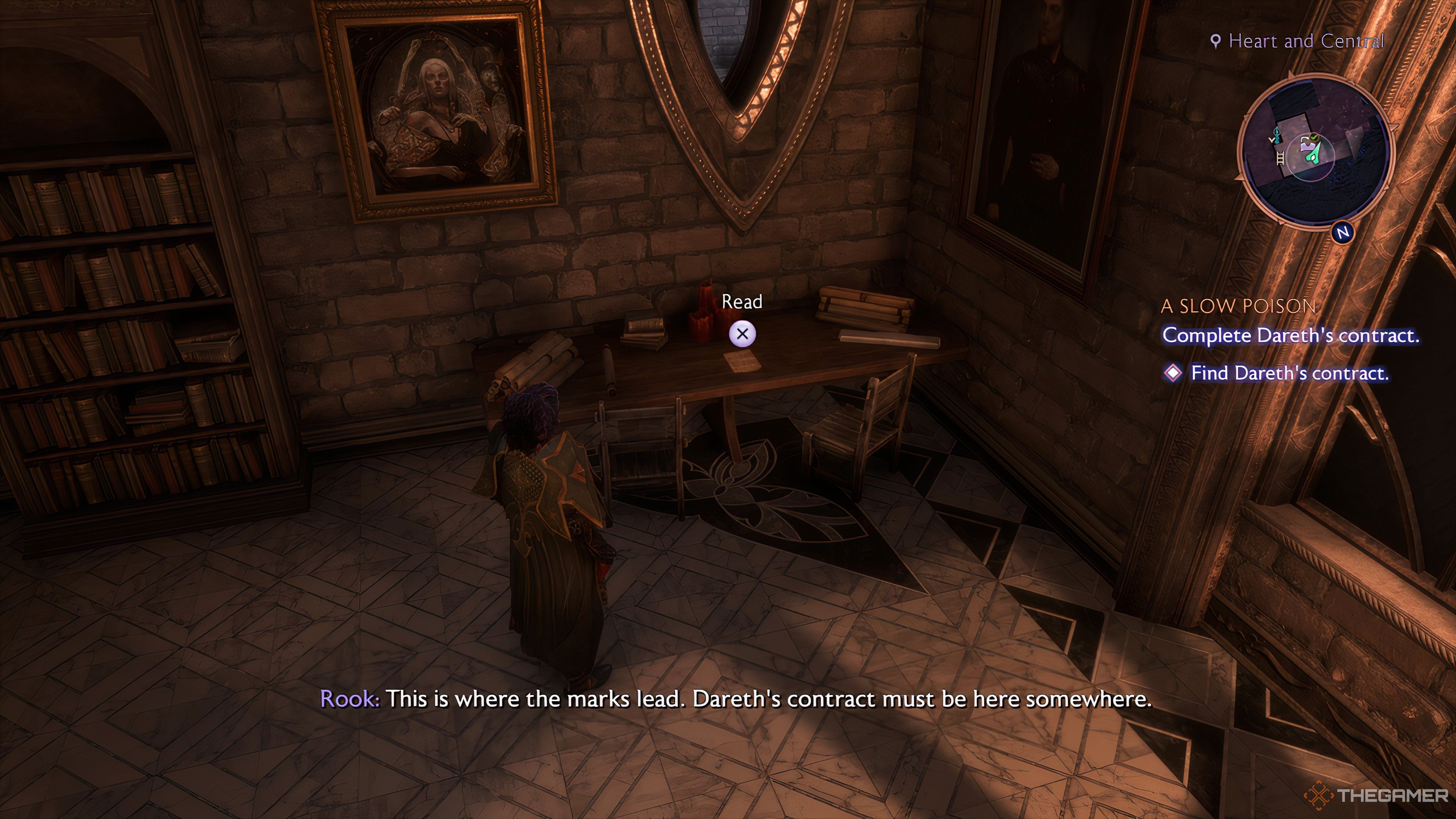 Player Rook standing next to a desk holding Daleth's contract in Dragon Age: The Veilguard.