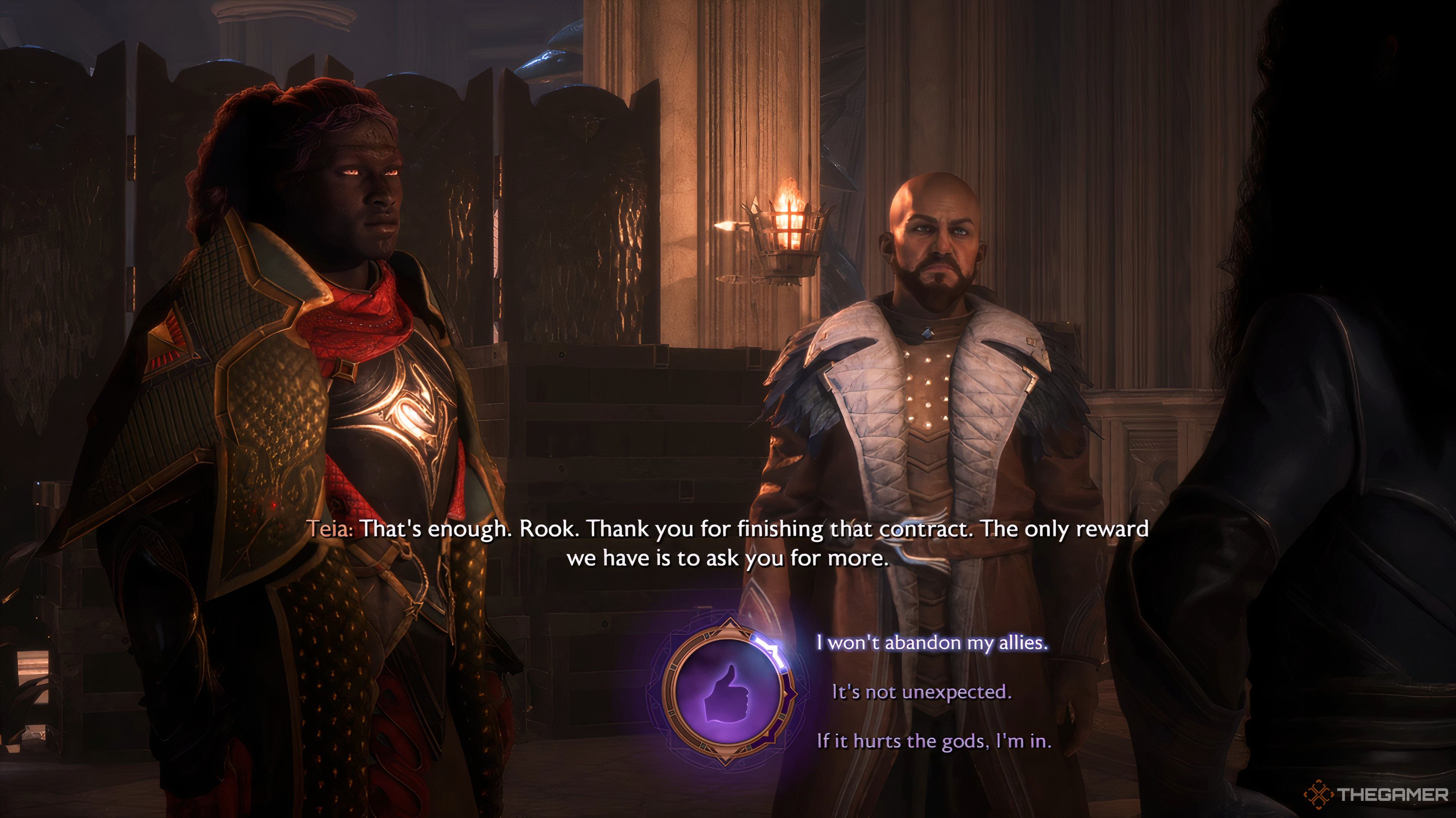 Player Rook talking to Teia during A Slow Poison in Dragon Age: The Veilguard.