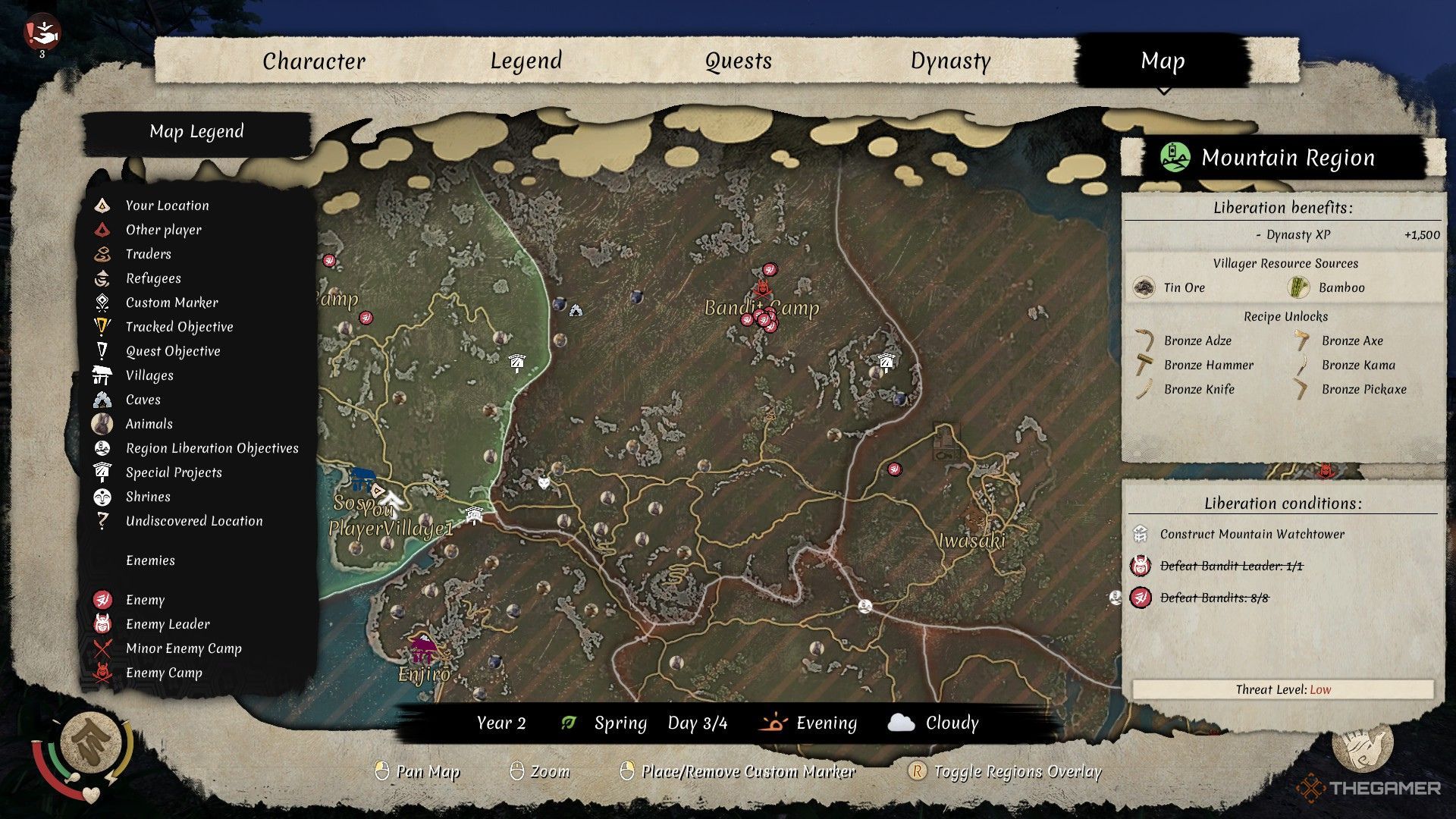 The image shows the map of the Mountain Region with the list of tools available after liberating it in Sengoku Dynasty.