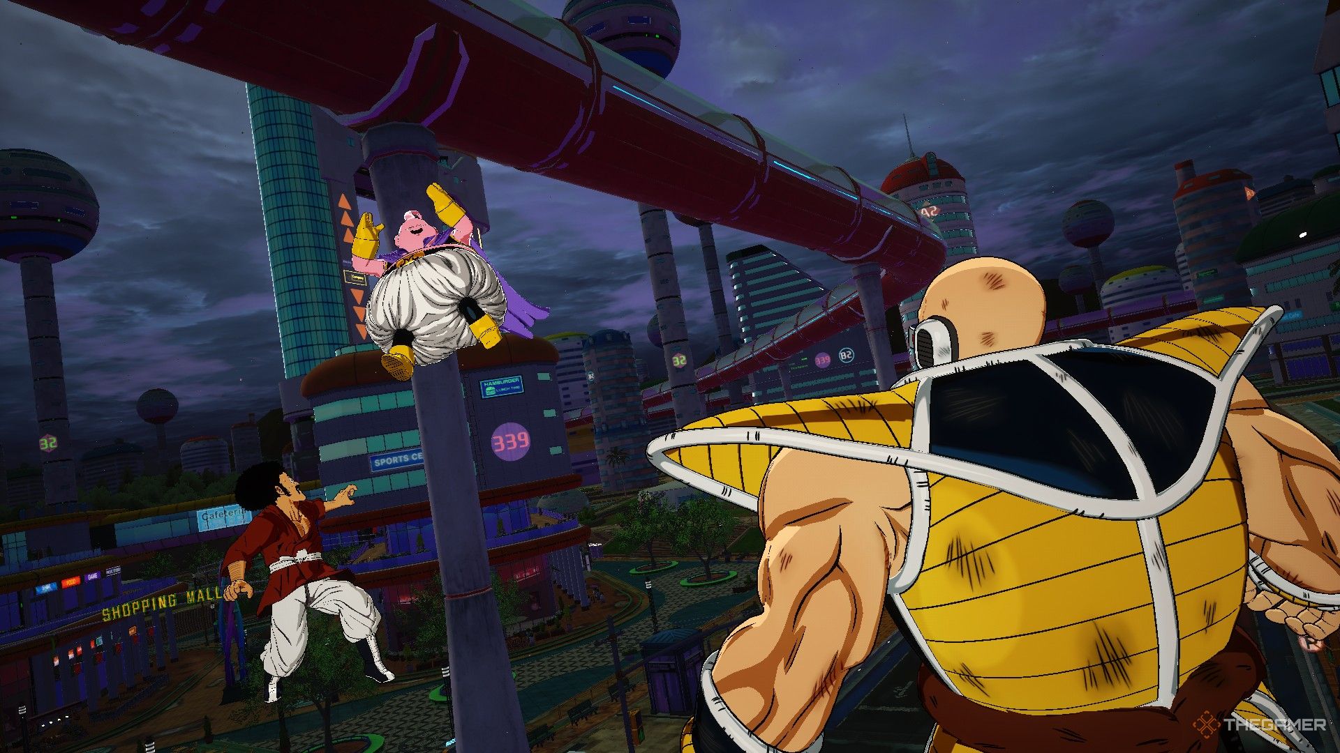 Dragon Ball Sparking Zero image showing Mr. Satan and Majin Buu versus Nappa.