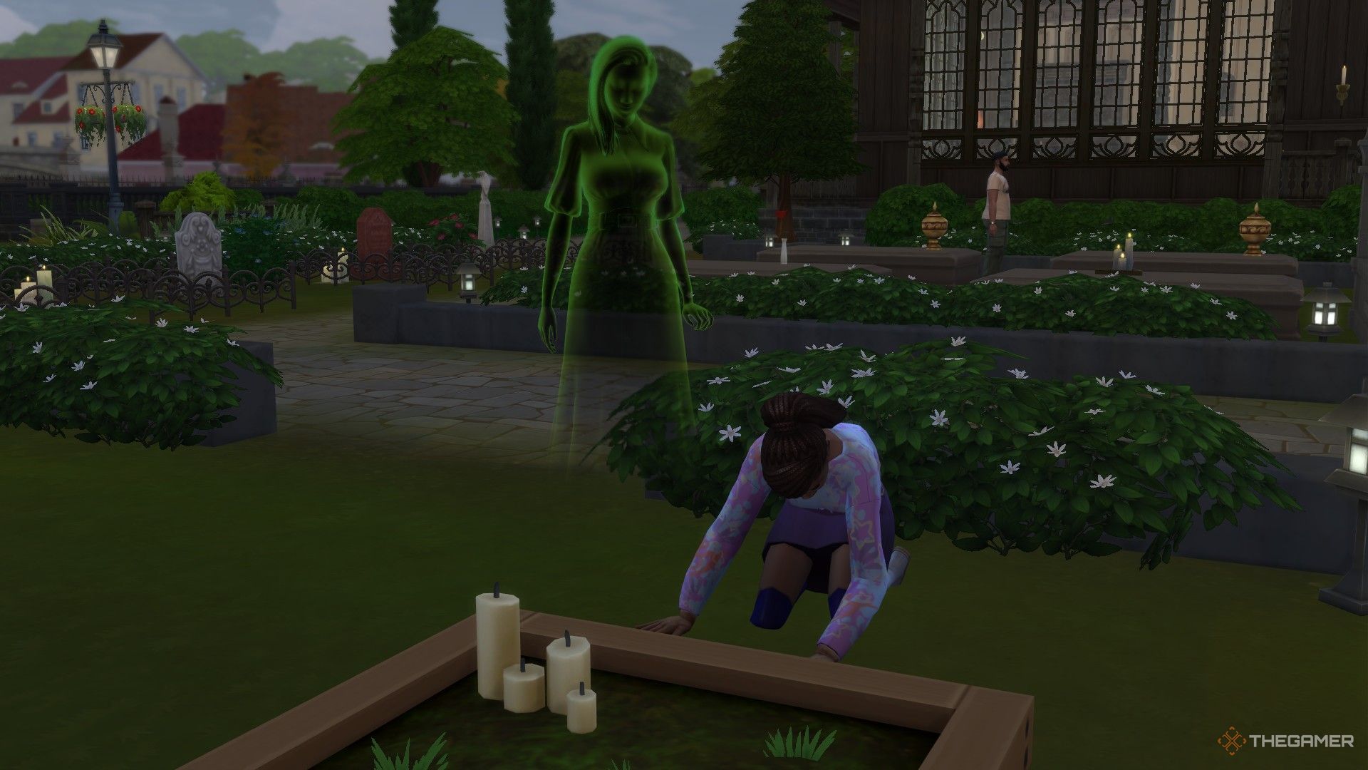 A sim tending a grave with the ghost nearby in The Sims 4 Life and Death.