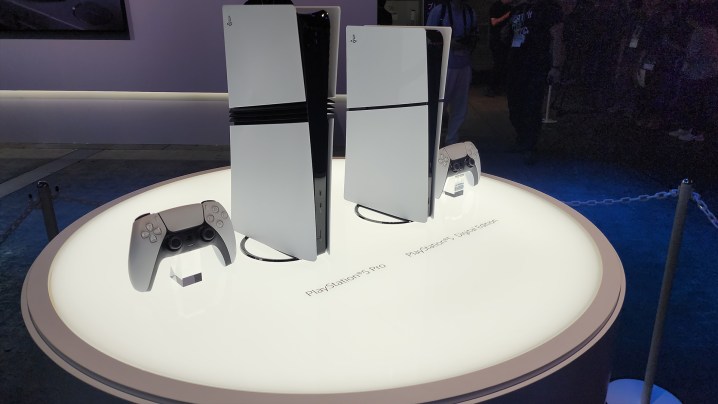 A comparison of the PS5 Pro and PS5 Digital Edition, highlighting the Pro's increased height.