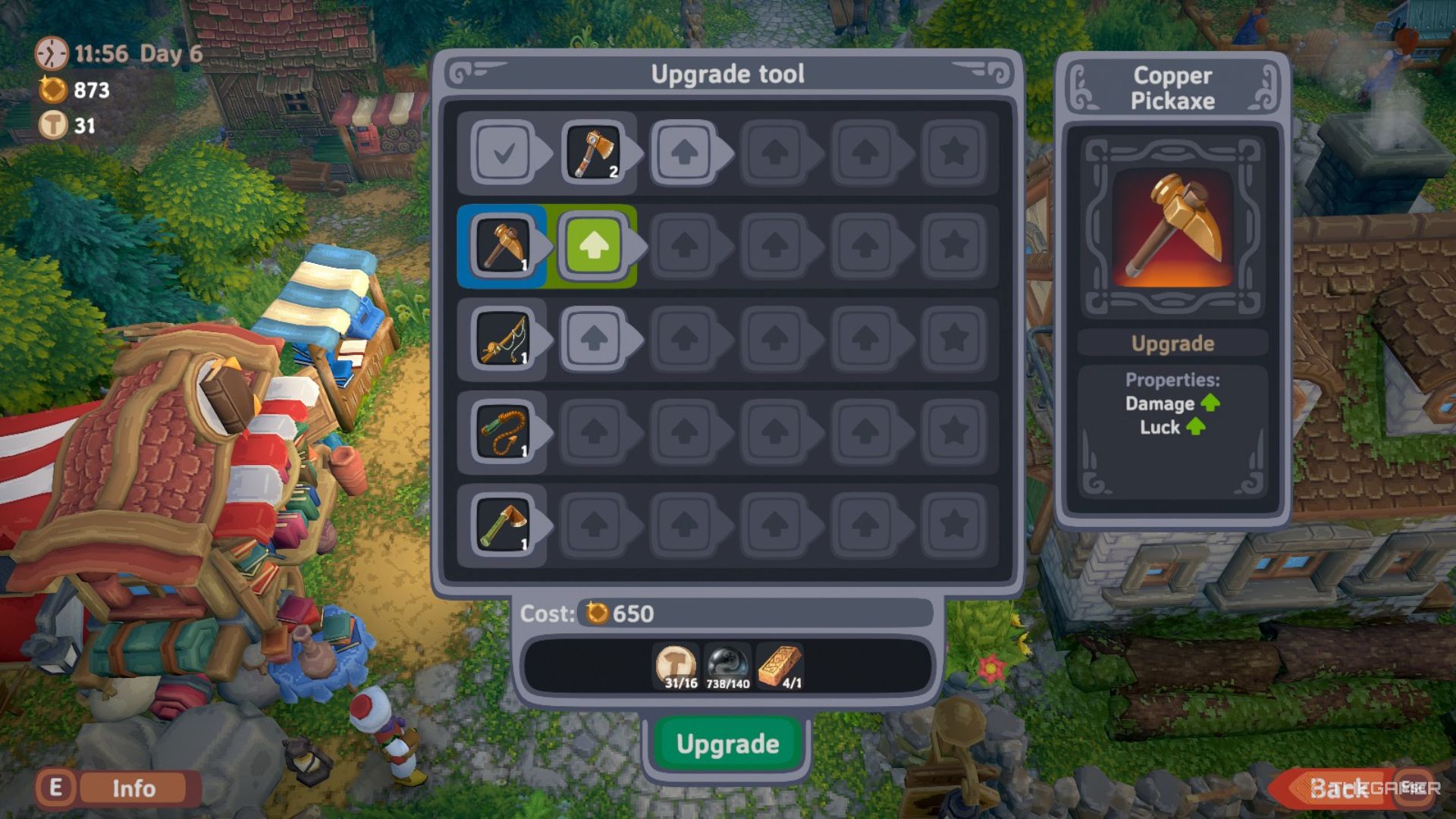 View of the tool upgrade menu showing different rows of available upgrades in Luma Island.