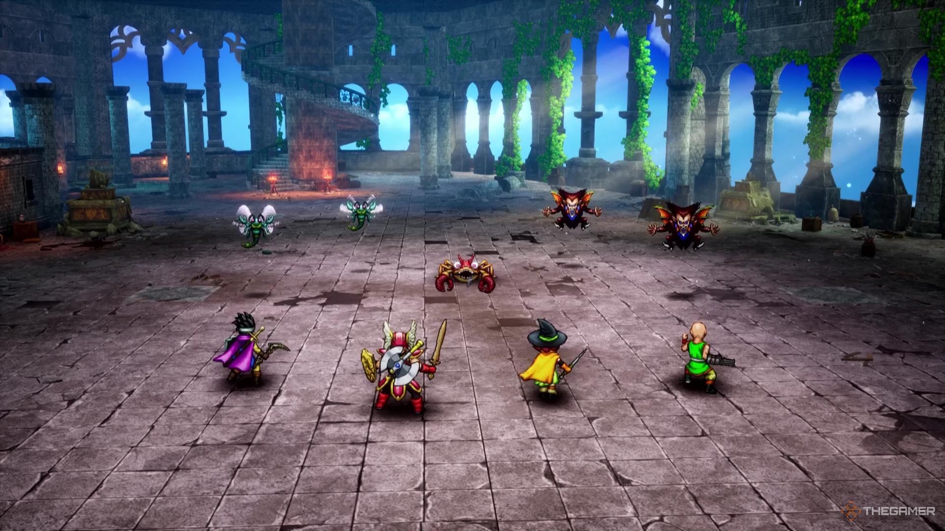 The Hero, a Warrior, a Mage, and a Martial Artist fight a group of monsters in Skyfell Tower in Dragon Quest 3 Remake.