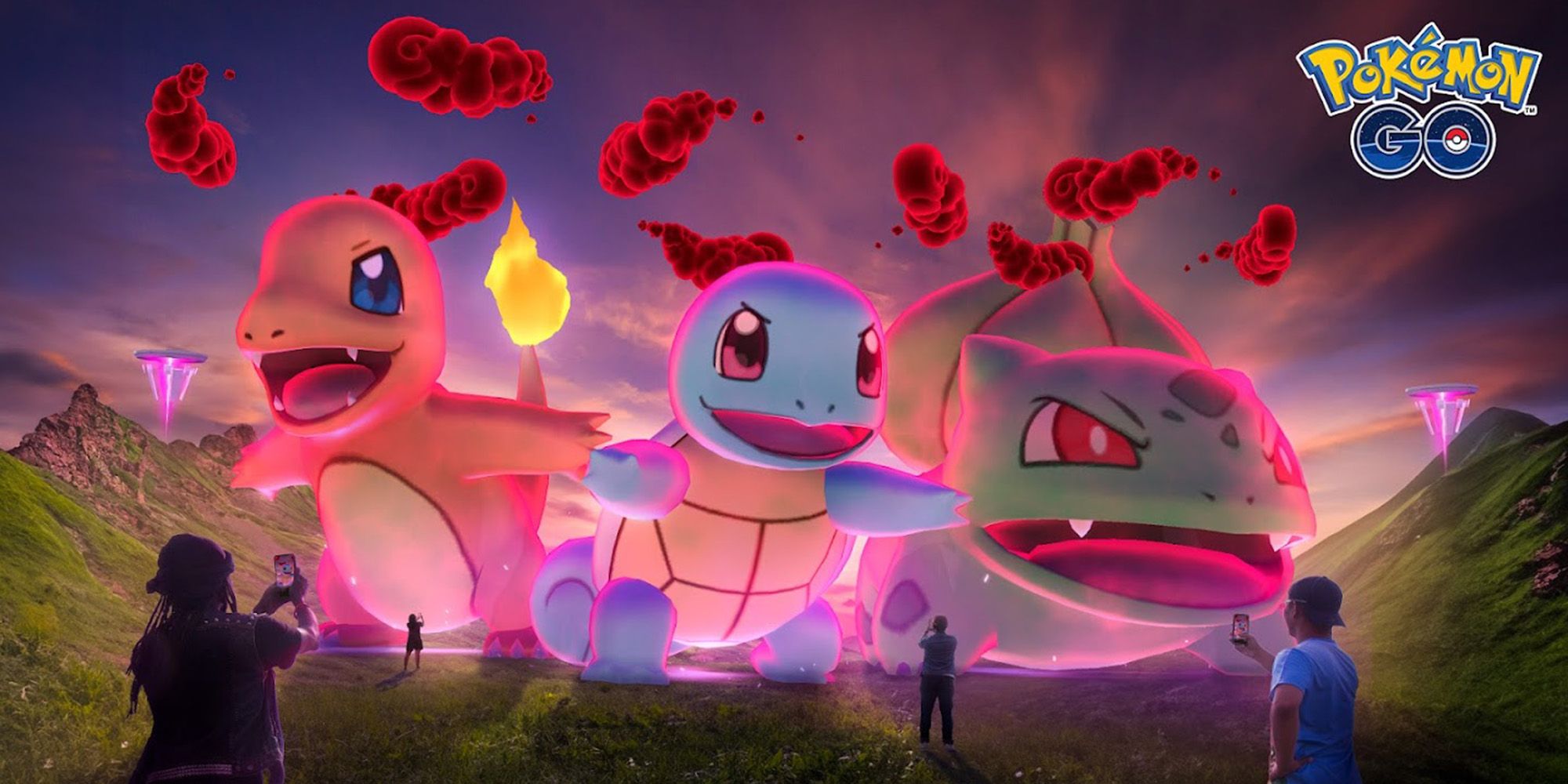 Dynamax Charmander, Squirtle, and Bulbasaur in Pokemon GO