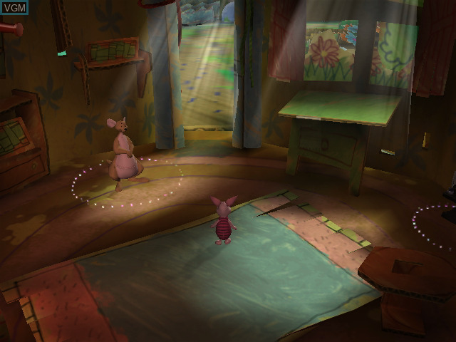 Piglet in a spacious room, sunlight filtering through the windows. Kanga stands in a well-lit circle nearby.