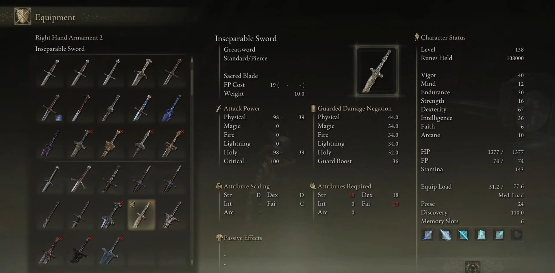 Stats of the Inseparable Sword