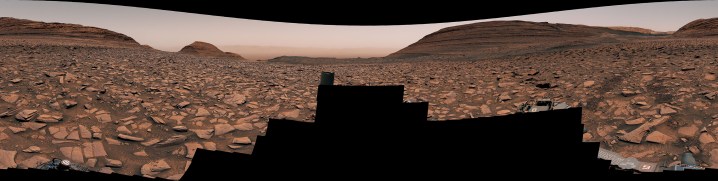 NASA’s Curiosity captured this panorama using its Mastcam while heading west away from Gediz Vallis channel on Nov. 2, 2024, the 4,352nd Martian day, or sol, of the mission. The Mars rover’s tracks across the rocky terrain are visible at right.