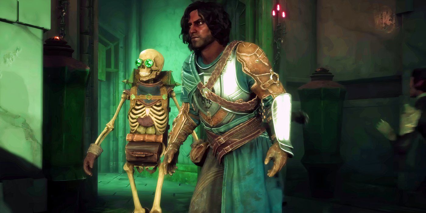 Dragon Age The Veilguard player next to a walking skeleton with glasses.